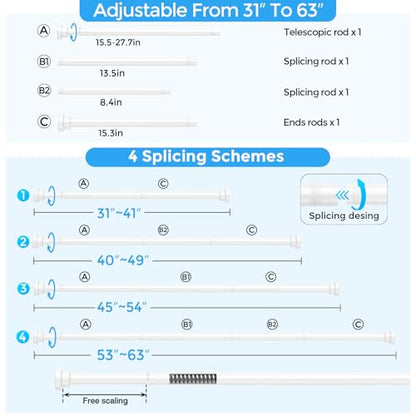 Shower Rod 31-63" White Spring Tension Curtain Rod Adjustable | 7/8" Shower Curtain Rod Carbon Steel Tube, Rust-Proof Non-Slip Tool-Free, Curtain Rods for Windows Bathroom Room Divider - color: White, size: 31"-63"-1P