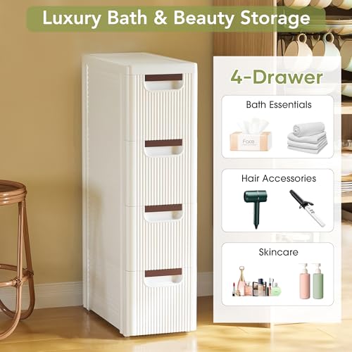 4 Drawers Narrow Bathroom Storage Cabinet, Slim Storage Cabinet, Plastic Slim Storage Cart Drawers for Small Spaces, Laundry, Office, Home, White - size: 4 Tiers