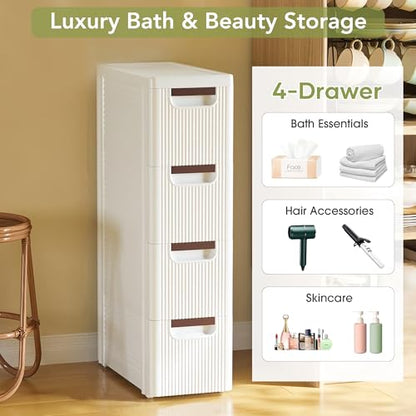 4 Drawers Narrow Bathroom Storage Cabinet, Slim Storage Cabinet, Plastic Slim Storage Cart Drawers for Small Spaces, Laundry, Office, Home, White - size: 4 Tiers