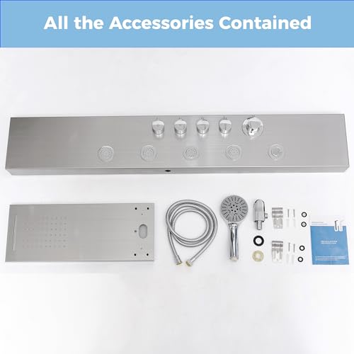 DELAVIN Stainless Steel Shower Tower, Multi Function Shower Panel Tower | Rainfall Waterfal, Full Body Shower System with Body Jets and Handheld Shower, Brushed Nickel, Solution for Rental Properties - style: 5 Body Jets