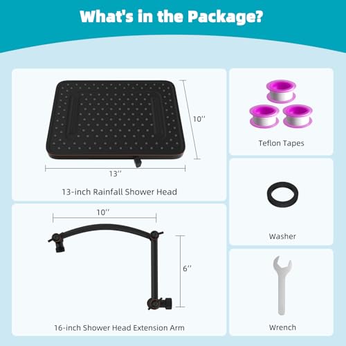 Hibbent Rain Shower Head, 13'' High Pressure Rainfall 5 Spray Mode Showerhead with 16" Shower Head Extension Arm, Brass Adjustable Shower Arm Extender, Waterfall fixed Showerheads, Oil Rubbed Bronze - color: Oil Rubbed Bronze, style: Square 13'' with Arm