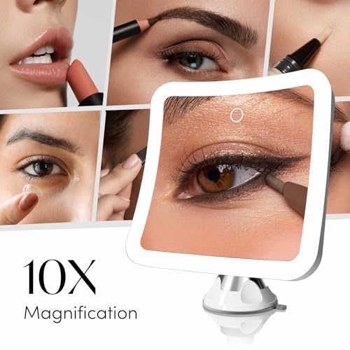 Fancii Rechargeable 10x Magnifying Mirror with 3 LED Light Settings, Dimmable Touch Light, Cordless, Locking Suction Mount, Lighted Mirror for Bathroom or Travel, Mira 2 (White)