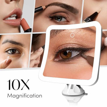Fancii Rechargeable 10x Magnifying Mirror with 3 LED Light Settings, Dimmable Touch Light, Cordless, Locking Suction Mount, Lighted Mirror for Bathroom or Travel, Mira 2 (White)