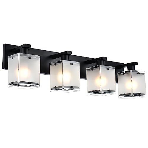 4-Lights Bathroom Vanity Lighting Over Mirror, Black Bathroom Wall Light Fixtures with Frosted Rectangular Glass Shade for Bath Living Room, E26 Bulb Base - color: Black, Frosted Glass, size: 4-Lights