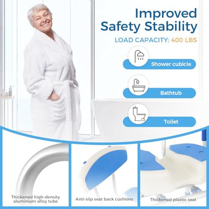 FAHKNS Swivel Senior Bathing Chair with Arms & Back, 400 LBS Heavy Duty U-Shape Seat, Height Adjustable Safety Bath Seat for Tub, Elderly & Disabled - color: Blue