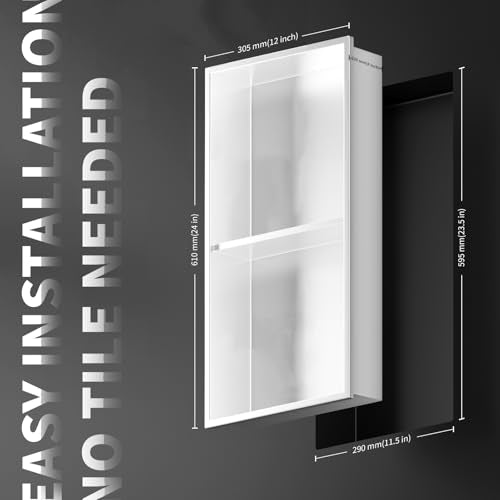 Homevacious 12"×24" Stainless Steel Shower Niche No Tile Needed White | Double Shelves Bathroom Shelf Rimless Recessed Wall Niche for Bathroom Storage - color: White