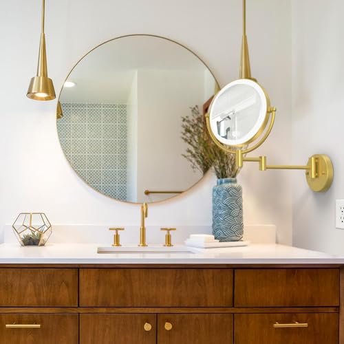 10X Magnifying Makeup Mirror Wall Mounted with Lights, Hardwired | 8-Inch, 3 Color LED Lighting Touch Dimming, Memory Function, Swivel Extended Arm Bathroom Vanity Shaving, Brass Brushed Gold - color: Brushed Gold