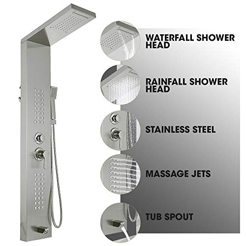 Rainfall Shower Panel Tower Stainless Steel Multi-Function Shower Panel System with Body Massage Jets Tub Resort