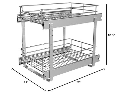 2-Tier Cabinet Pull Out Shelves, 14" W x 22" D, Chrome | Heavy-Gauge Wire Kitchen Cabinet Organizer, 100 lbs Capacity, Ball-Bearing Glides, Min 15" Opening, For Tupperware & Bowls - size: 14 x 22 Inch