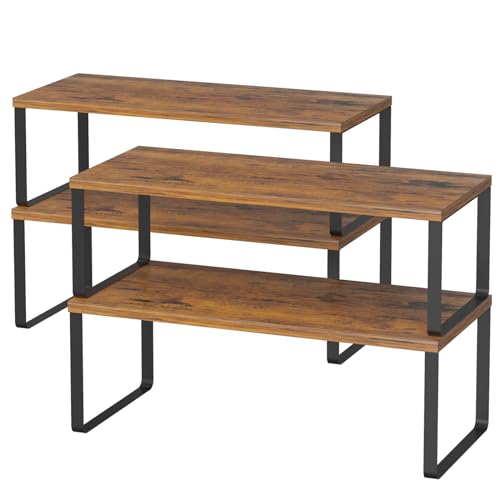 NEX Cabinet Organizer Shelf, Kitchen Counter Shelves Set of 4 | Stackable & Expandable Spice Rack, Space-Saving Pantry Organizers Bathroom Countertop Storage, Black and Rustic Brown - color: Black + Rustic Brown, size: 15.6''W