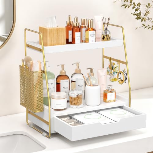 2-Tier Bathroom Counter Organizer with Drawer, Wood Counter Storage Shelf | Bathroom Vanity Organizer Countertop for Makeup, Skincare, Perfume, with Removable Basket, 13.4" x 7.9" x 14.5", White Gold - color: White Gold