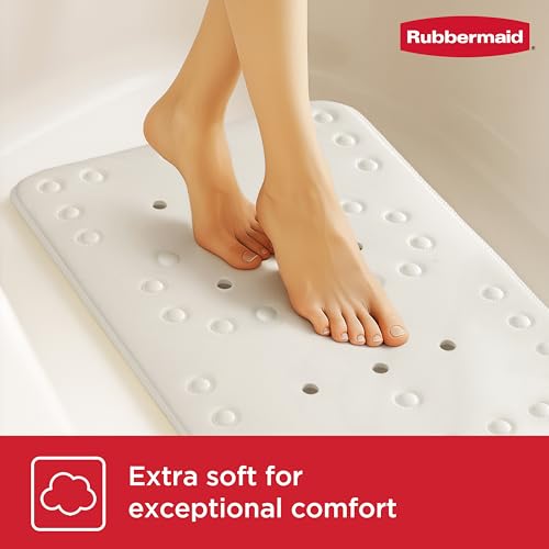 Rubbermaid Soft Foam Tub Mat, Non-Slip Bath Mat with Quick-Drain Holes, 35.88 x 17 Inch BPA-Free Shower Mat for Inside Bathtub or Shower, White - color: White