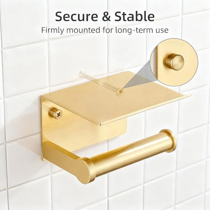 YOUDA Gold Toilet Paper Holder with Shelf Wall Mount - Self-Adhesive No Drill & Screw Mounted, Rust-Resistant Aluminum Space Saving Bathroom Storage
