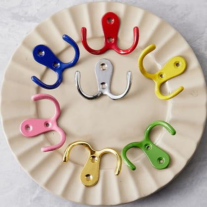 4 Pcs Double Prong Robe Hooks, Dual Coat Hooks Wall Mounted Hanging Clothes for Bathroom Bedroom Door Wall Retro Metal Cloth Hanger Double Coat Hooks with 8 Screws (Green) - color: Green