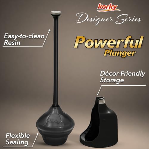 Korky Black Toilet Plunger and Holder – Fast Clog Removal - Made in USA - color: Black