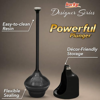 Korky Black Toilet Plunger and Holder – Fast Clog Removal - Made in USA - color: Black