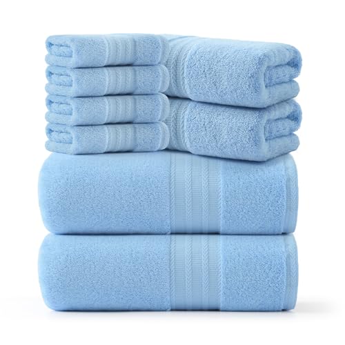 REDKISS 8 Piece Blue Towels Set - 100% Cotton Towels Set with 2 Large Bath Towels, 2 Hand, 4 Washcloths, 600 GSM Highly Absorbent Bath Towel Sets, Blue Quick Dry Shower Towel for Family Dorm Gym - color: Blue