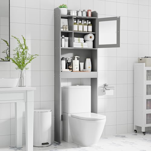 SUPER DEAL Over The Toilet Bathroom Storage Cabinet Freestanding Wooden Bathroom Organizer with Adjustable Shelves and Glass Door, Gray - color: Grey