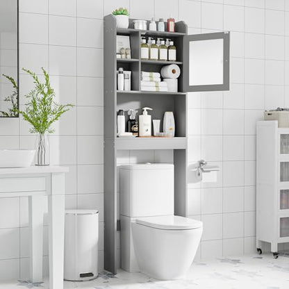 SUPER DEAL Over The Toilet Bathroom Storage Cabinet Freestanding Wooden Bathroom Organizer with Adjustable Shelves and Glass Door, Gray - color: Grey