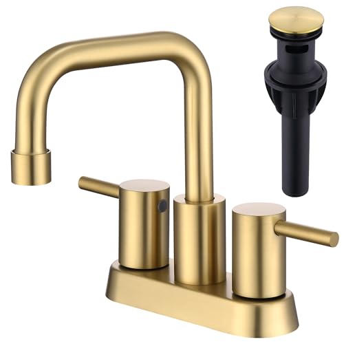 Brushed Gold 4 Inch Centerset Bathroom Faucet 2 or 3 Hole | Stainless Steel 2 Handle Gold Bathroom Sink Faucet for Bathroom, Restroom, Vanity, Rv - color: Brushed Gold