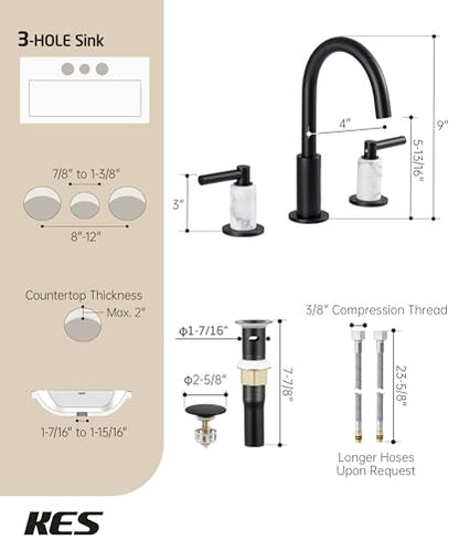 KES Natural Italian Carrara Marble Matte Black Bathroom Faucet 3 Hole with All Metal Pop Up Sink Drain, 8 Inch Widespread Bathroom Sink Faucet for Vanity, 360° Swivel Spout, 18/8 Stainless Steel - color: Matte Black