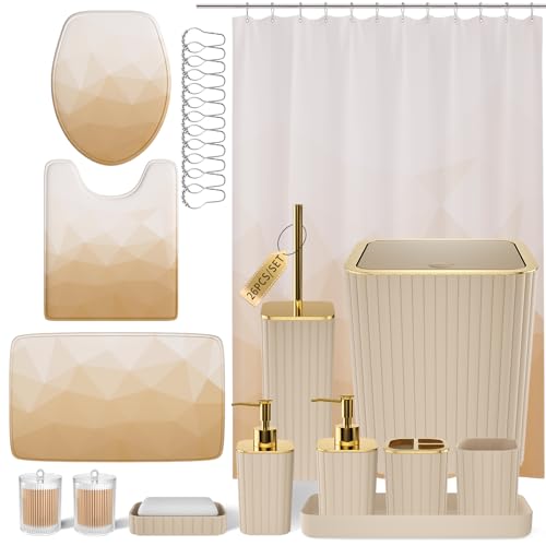 XLHOMO Bathroom Accessory Set - 26PC Bathroom Shower Curtain and Rug Set, Bathroom Accessories Set, Beige Bathroom Set with Trash Can, Toilet Brush, Qtip Holder & Soap Dispenser - style: Beige