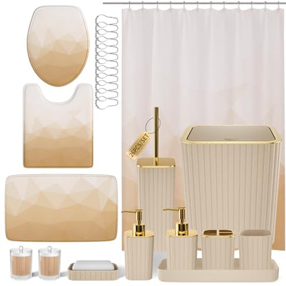 XLHOMO Bathroom Accessory Set - 26PC Bathroom Shower Curtain and Rug Set, Bathroom Accessories Set, Beige Bathroom Set with Trash Can, Toilet Brush, Qtip Holder & Soap Dispenser - style: Beige