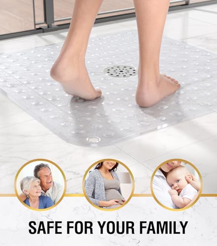 HITSLAM Square Shower Mat, Non Slip PVC Stall Mat, 24"x24", Clear | Power Grip Suction Cups, Center Drain Hole, Built-In Hanging Holes, Machine Washable Bathroom Floor Mat, Soft On Feet - color: Crystal Clear