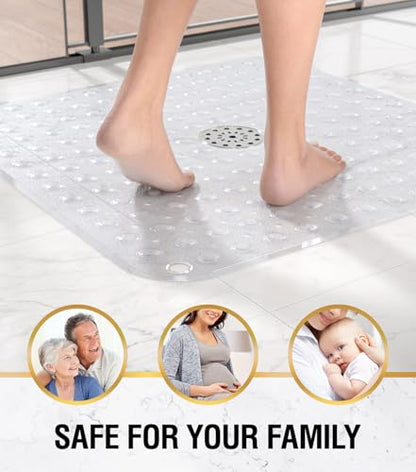 HITSLAM Square Shower Mat, Non Slip PVC Stall Mat, 24"x24", Clear | Power Grip Suction Cups, Center Drain Hole, Built-In Hanging Holes, Machine Washable Bathroom Floor Mat, Soft On Feet - color: Crystal Clear