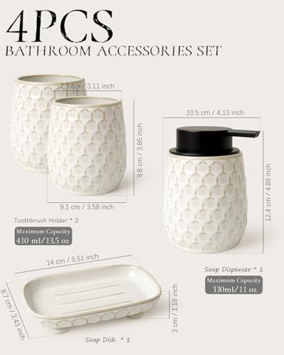 Bathroom Accessory Set 4PCS, Ceramic Bathroom Accessories Set, Foaming Soap Dispenser Set Complete, White Honeycomb Design, Home Apartment Modern Bath Decor Vanity Countertop, ANTIS'S HOME - size: Foam