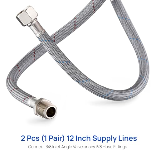 J-HVA Faucet Supply Lines Length 12" 3/8 OD Comp (Male) x 3/8 Comp (Female) | Thread Connector Braided Nylon Extension Hoses for Bathroom Kitchen Sink Faucet Hose Filter,Stainless Steel Nut (1 Pair)