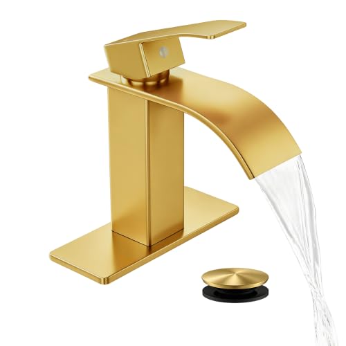 Waterfall Single Handle Bathroom Sink Faucet with Drain Gold | Brushed Gold Vanity Faucet with Pop-up Drain, Ceramic Valve, for 1 or 3 Hole Modern Bathrooms. - color: Gold