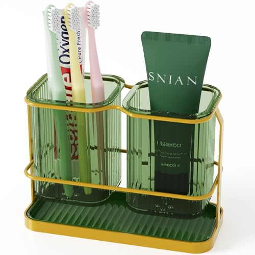 Countertop Toothbrush Holders, Wall Mounted Electric Tooth Brush Toothpaste Holder for Bathroom with Hook, 2 Cups Toothbrush Organizer with Drain Tray Bathroom Accessories Storage (Green) - color: Green