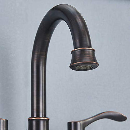 Lead-Free Antique 2 Handle Bathroom Sink Faucet, 360° Swivel High-Arc Spout 4-Inch Centerset Lavatory Vanity Faucets Set with Drain & Water Hoses, Oil Rubbed Bronze