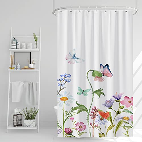 AWERT Butterfly Wildflowers Small Half Size Stall Shower Curtain with Hooks Shower Stall Curtain for Bathroom/RV and Camper 48 x 72 - color: Butterfly, size: 48"W x 72"L (Pack of 1)