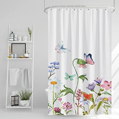 AWERT Butterfly Wildflowers Small Half Size Stall Shower Curtain with Hooks Shower Stall Curtain for Bathroom/RV and Camper 48 x 72 - color: Butterfly, size: 48"W x 72"L (Pack of 1)