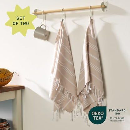 WETCAT Turkish Hand Towels with Hanging Loop, Set of 2 (20" x 30") 100% Turkish Cotton, Pre-Washed, Quick Drying, for Kitchen or Bathroom - Beige - color: Beige