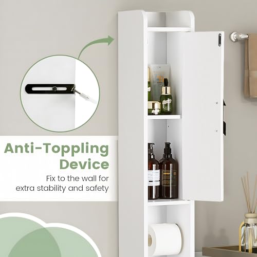 VECELO Narrow Bathroom Storage Cabinet with Adjustable Shelves, 67" Tall Freestanding Cabinet with Toilet Paper Holder, Slim Tower Cabinet with Two Magnetic Doors & Drawer, for Small Spaces, White - color: Cabin Top