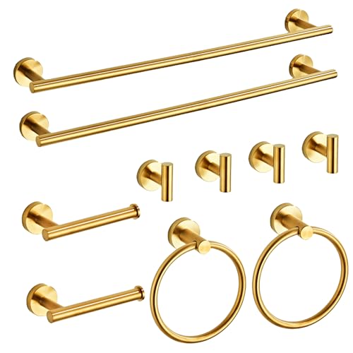 Brushed Gold Bathroom Hardware Set 10 Piece with Towel Racks for Bathroom, SUS304 Stainless Steel Bath Towel Bar Set, 24 Inch Wall Mounted Accessories Kit… - color: Brushed Gold-10pcs