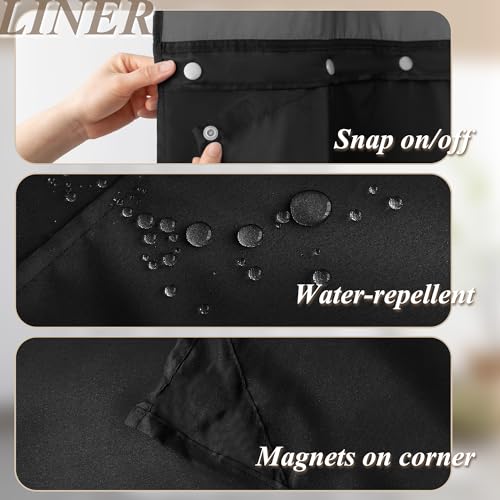 Barossa Design 3 Pcs 71x74 No Hook Shower Curtain Set with Bath Rugs Black | Mesh Window Top, 17Wx24L plus 19Wx29L Chenille Non-Slip Bath Mat, Snap-in Liner - color: Black
