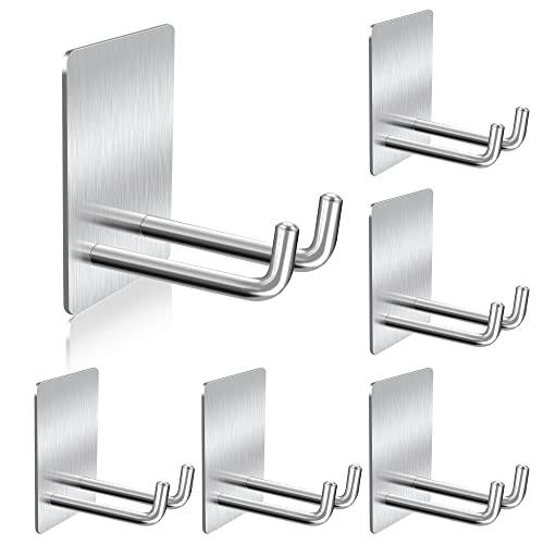 Adhesive Hooks, Stick on Stainless Steel Towel Robe Razor Wall Hooks for Bathroom Kitchen, Sticky Heavy Duty Durable Shower Hangers for Hanging Hat Coat Key Silver(6pcs) - color: Silver(6PCS)