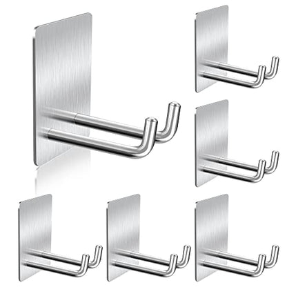 Adhesive Hooks, Stick on Stainless Steel Towel Robe Razor Wall Hooks for Bathroom Kitchen, Sticky Heavy Duty Durable Shower Hangers for Hanging Hat Coat Key Silver(6pcs) - color: Silver(6PCS)