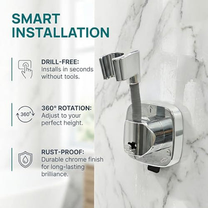 Suction Cup Shower Head Holder with Storage Hook, 360° Adjustable Handheld Shower Wand Holder, No-Drill Locking Mount, Supports Up to 22 lb (10 kg), Rust-Resistant for Bathroom and RV