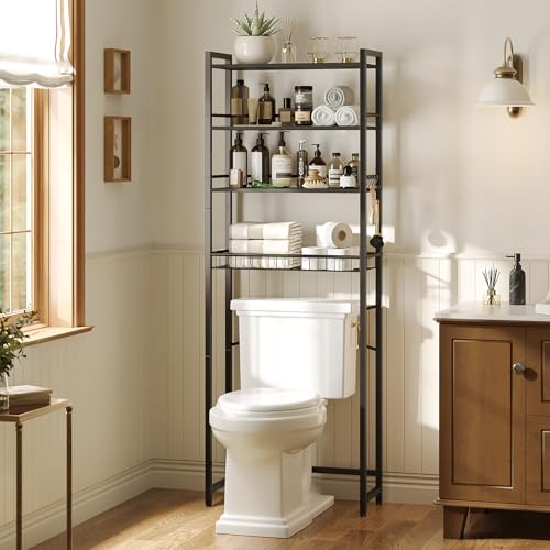 Over The Toilet Storage Shelf, 4-Tier Bathroom Organizer with Basket & Hooks, Sturdy Space Saver for Small Bathrooms, Black - color: Black