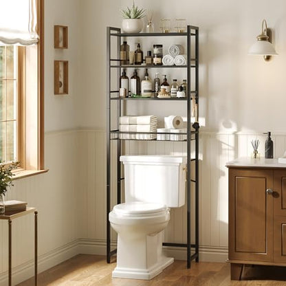 Over The Toilet Storage Shelf, 4-Tier Bathroom Organizer with Basket & Hooks, Sturdy Space Saver for Small Bathrooms, Black - color: Black