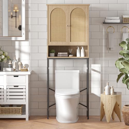 FiveWillowise Rattan Toilet Storage Cabinet, Over The Rack Wood Cabinet with Metal Stand, Bathroom Organizer with Adjustable Shelf, Tall Freestanding Washer Shelf, Small Cupboard, Natural - color: Rattan Door-natural, style: Casual