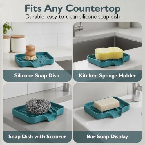 Self Draining Soap Dish with Drain Spout - Bar Soap Holder for Bathroom & Kitchen Sink - Flexible Non-Slip Silicone Soap Holder for Bar Soap, Sponge & Scrubber - 1 Pack