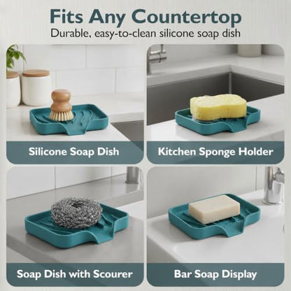 Self Draining Soap Dish with Drain Spout - Bar Soap Holder for Bathroom & Kitchen Sink - Flexible Non-Slip Silicone Soap Holder for Bar Soap, Sponge & Scrubber - 1 Pack