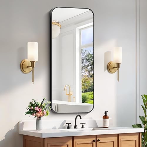 FORBATH Bathroom Mirror 20" x 48", Rectangle Black Bathroom Mirror with Black Aluminum Frame Rounded Corner, Wall Mounted Mirror for Bedroom Entryway Living Room - color: Black, size: 48"L x 20"W