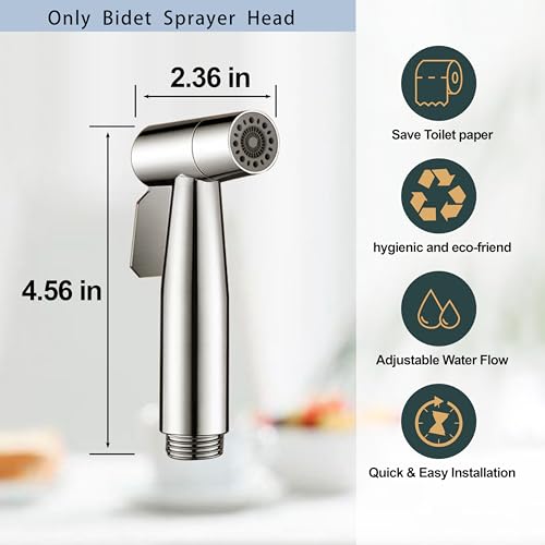 Brushed Nickel Bidet Sprayer Head, Premium Stainless Steel Handheld Shattaf Jet Spray Attachment for Toilet, Multi Purpose Baby Cloth Diaper Sprayer with Adjustable Water Pressure, 1 Pack